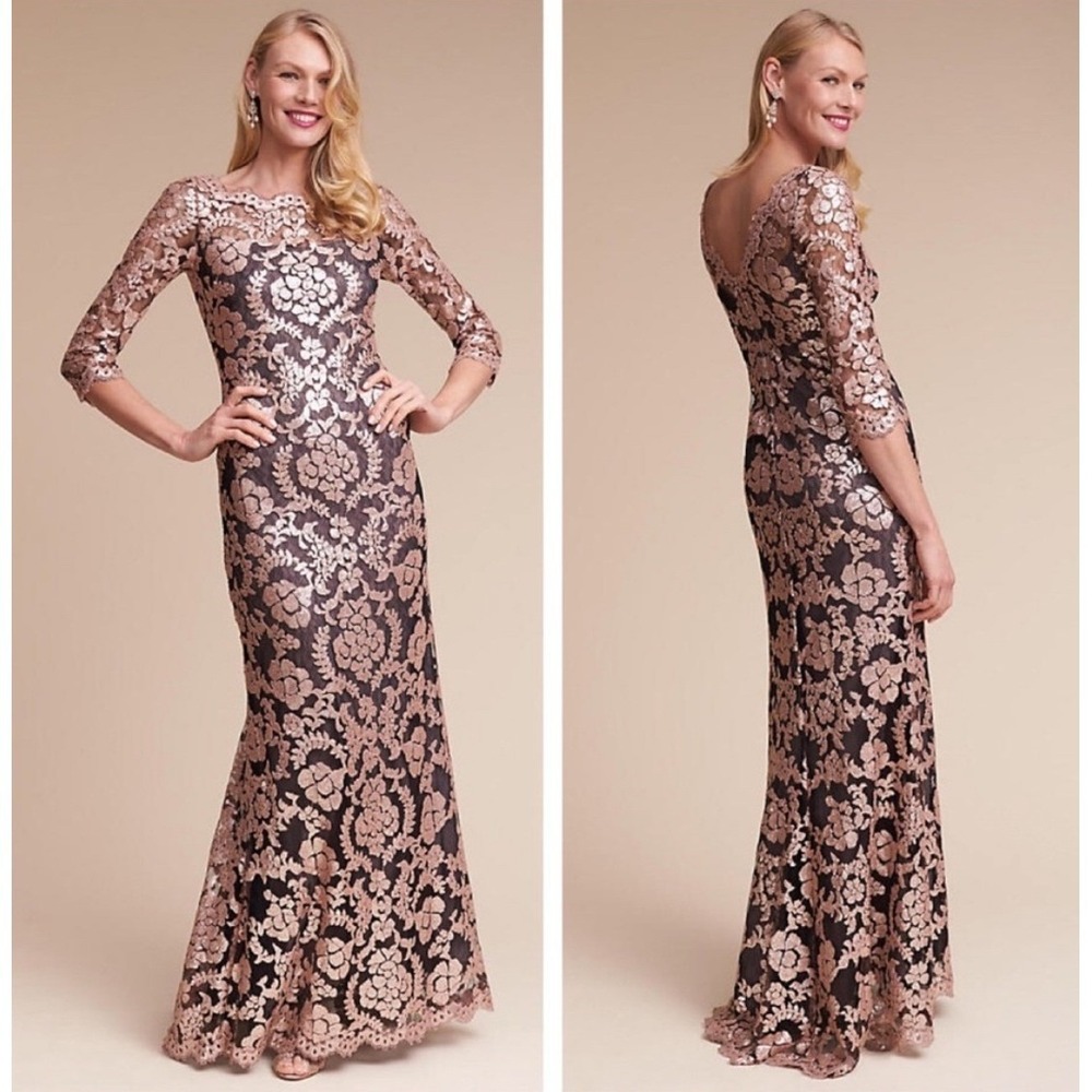 Tadashi Shoji BHLDN Yvonne Gown Women 6 Rose Gold Sequin Lace 3/4 Formal Evening - Picture 8 of 10